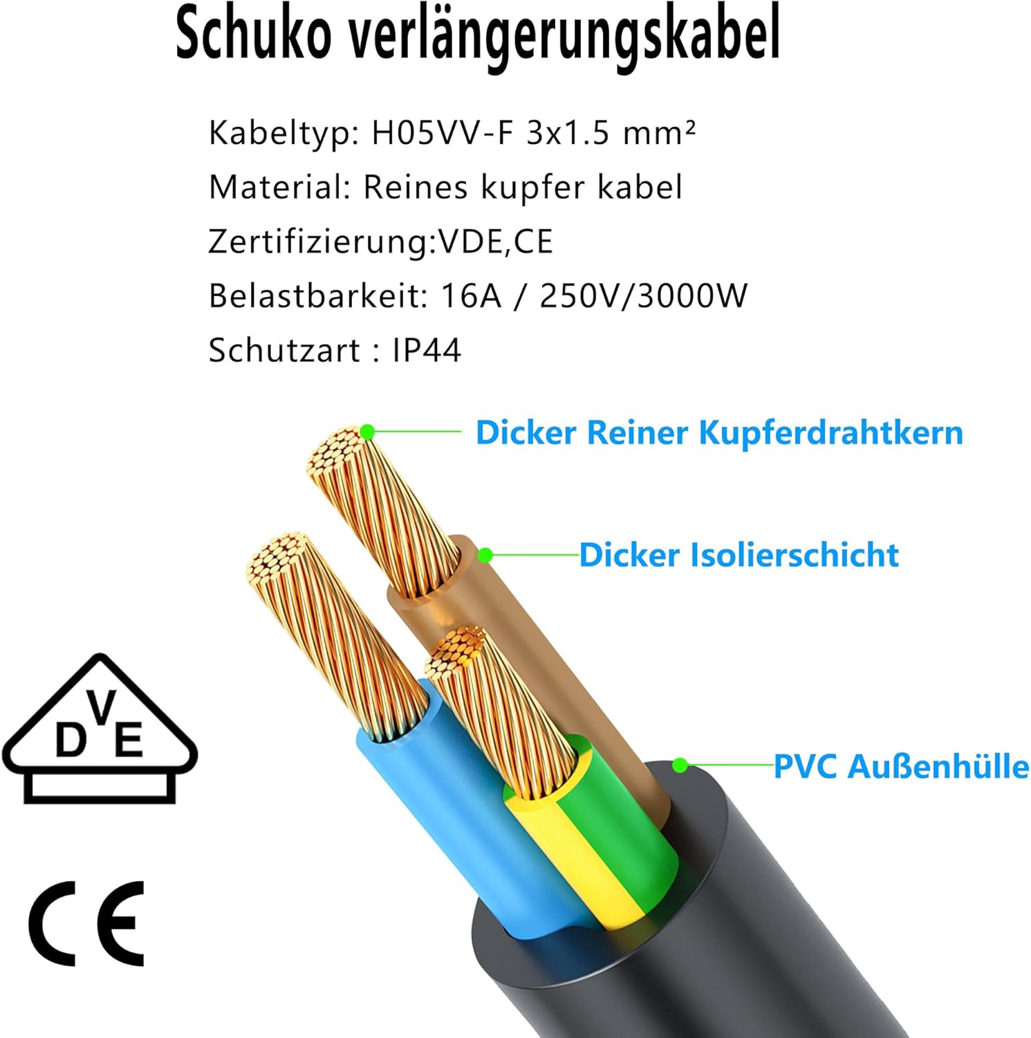 Detalle de LANMINGLEL Outdoor-Verlängerungskabel 90 Grad Schuko, 3x1,5 mm², IP44, 2 m