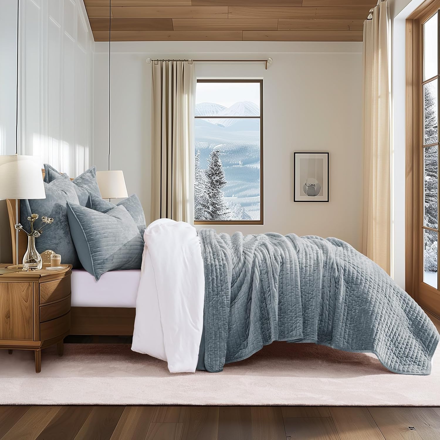 Thumbnail 1 de EVERGRACE Velvet Quilt Set (King Size) in Blue Linen — Luxurious Soft Striped Channel Bedding with 2 Shams