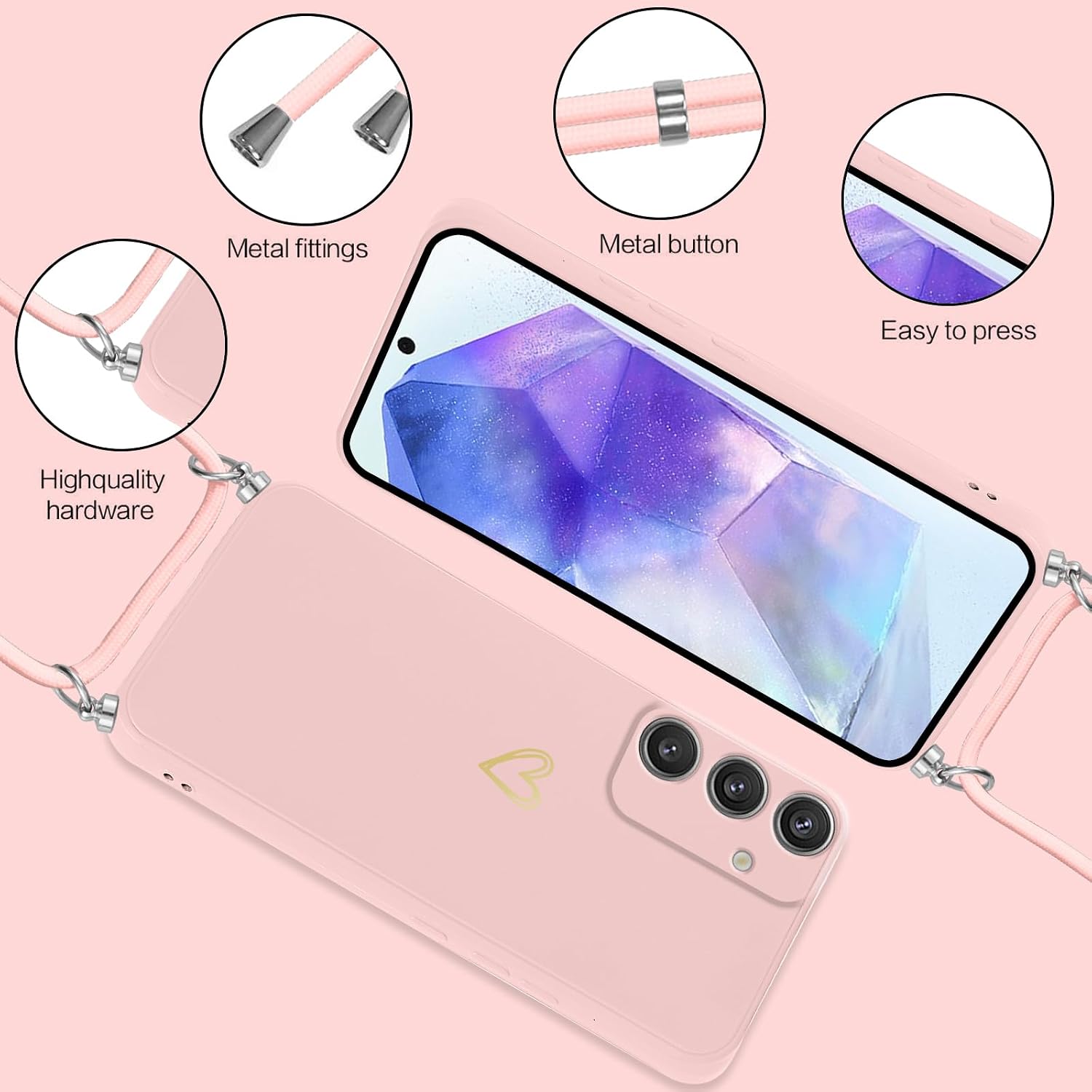 Detalle de Oelrstfe Cover con Cordino per Samsung Galaxy A55 – Custodia silicone morbida con motivo cuore e catenella regolabile