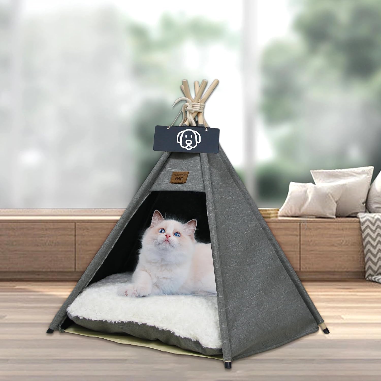 Detalle de Vinnypet Tipi Zelt für Katzen und Hunde – Luxuriöses Haustierzelt mit abnehmbarer, waschbarer Matte 50x50x60 cm