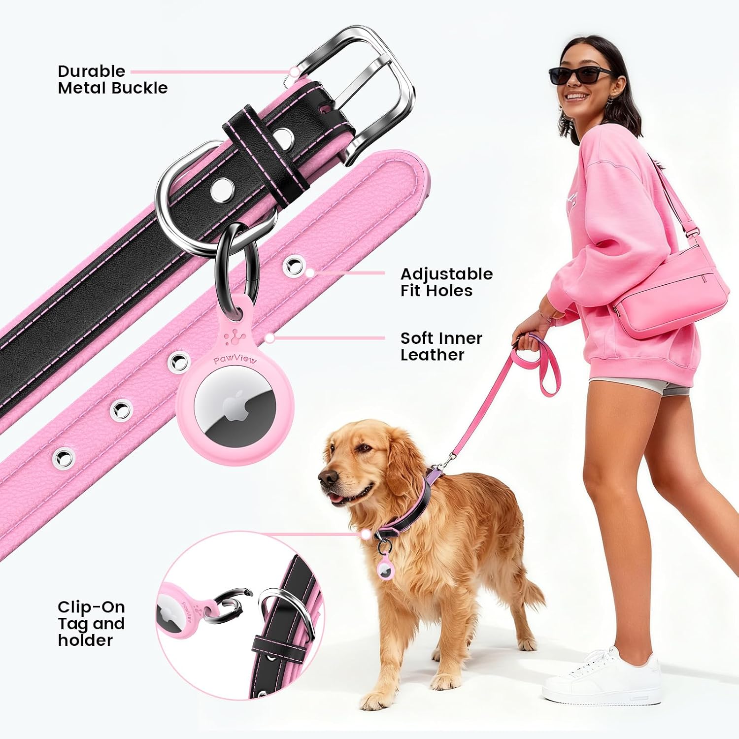 Detalle de Genuine Leather Dog Collar with AirTag Holder, M