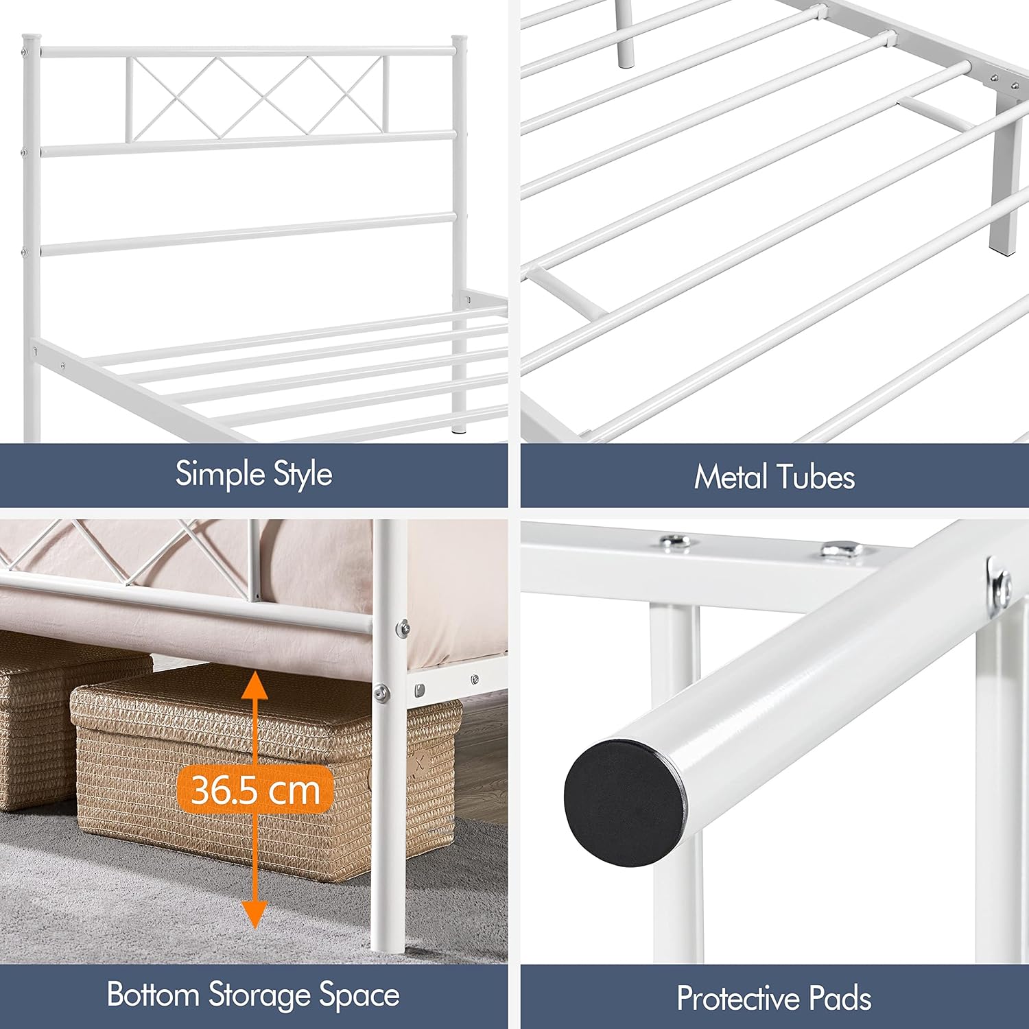 Detalle 2 de Yaheetech - Struttura Letto Singolo in Metallo con Testiera a Forma di X, 90 × 190 cm, Bianco