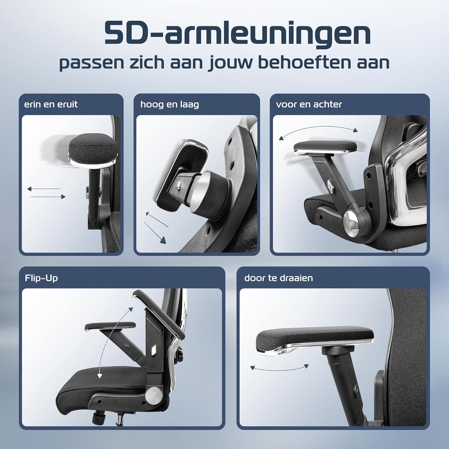 Detalle de CLOUVOU PowerSeat bureaustoel met mesh, 5D-armleuningen en lendensteun