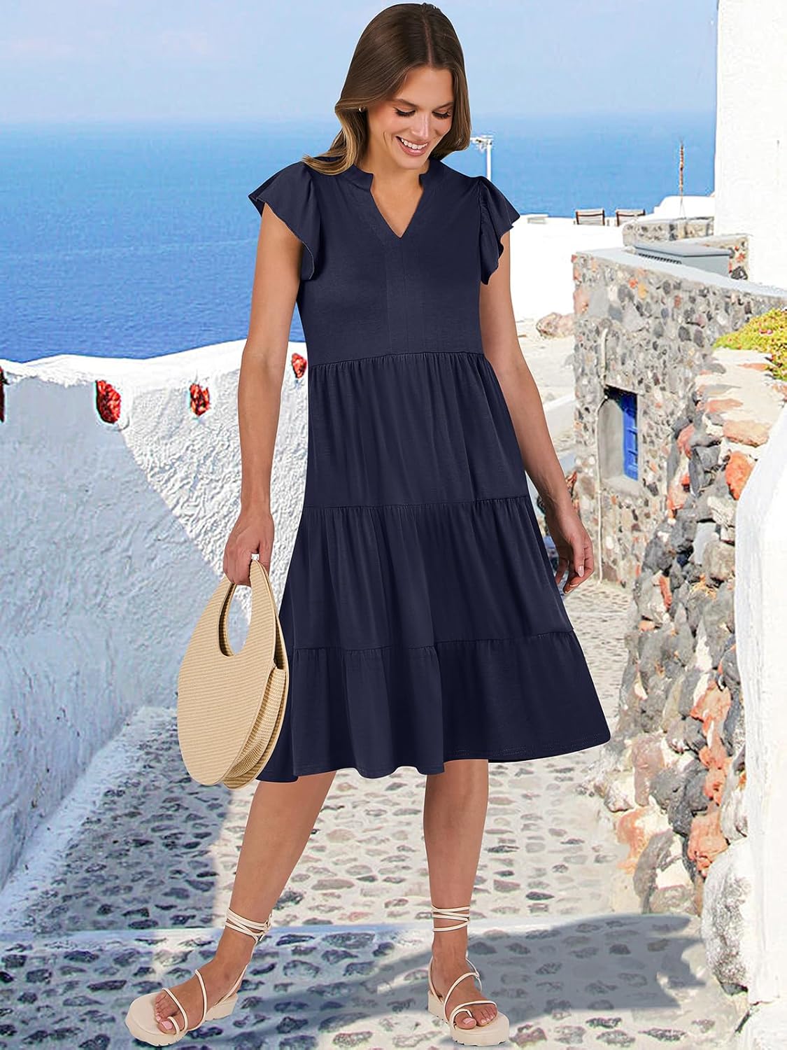 Thumbnail 4 de ANRABESS Women's Summer Dress with Ruffle Sleeves and V-Neck