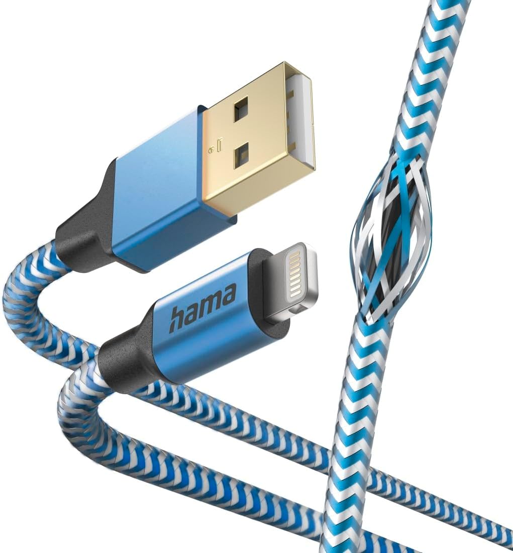 Detalle de Câble USB-A vers Lightning Hama certifié MFi (2,4A, 1,5 m) bleu réfléchissant