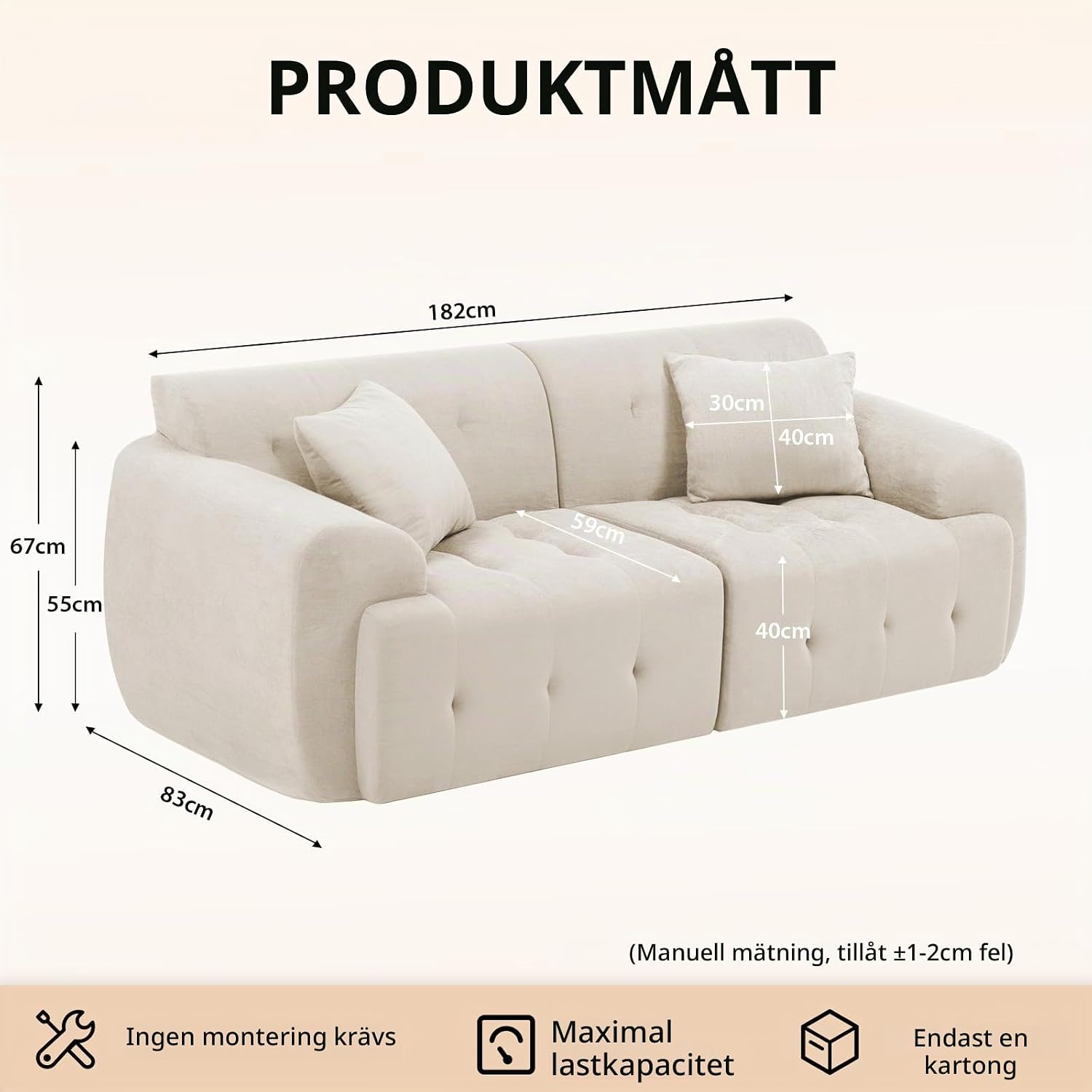 Detalle de COMHOMA B16 2-sitssoffa, beige golvsoffa 180 x 86 x 40 cm utan montering