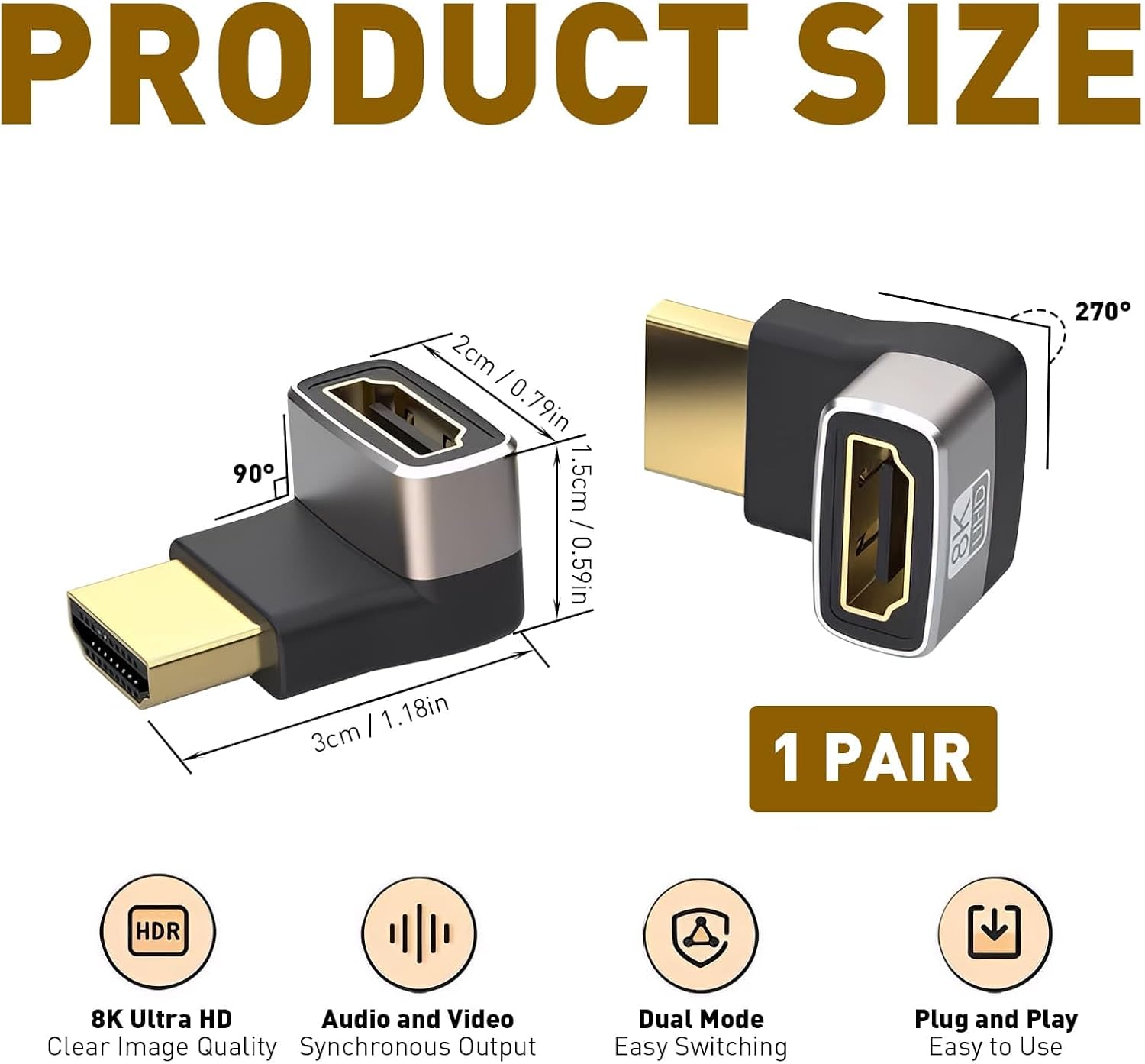 Detalle 2 de Zernavith 2Pcs Right Angle HDMI Adapter 8K | HDMI 2.1 90°/270° Combo