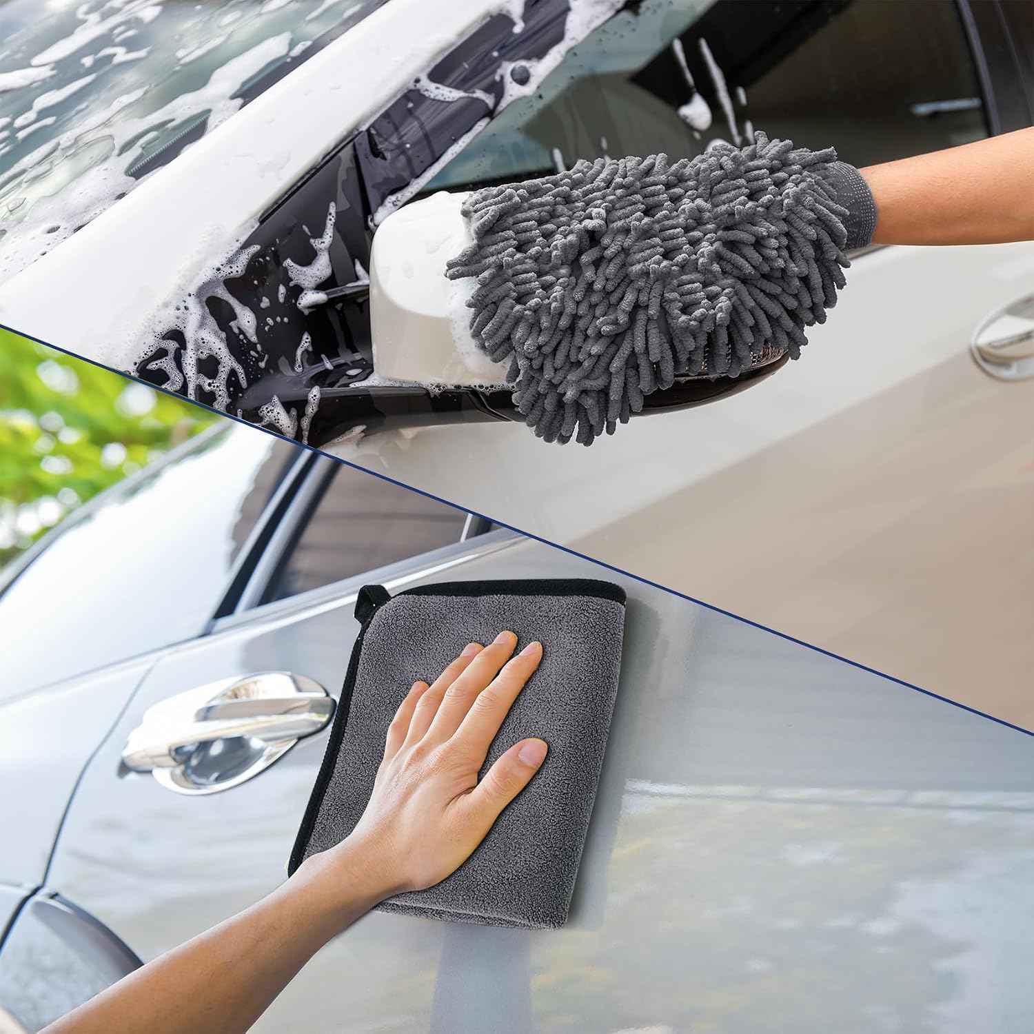 Detalle 2 de KALBIGRO 5-delige microvezelset voor autoverzorging met 3 doeken en 2 washandschoenen