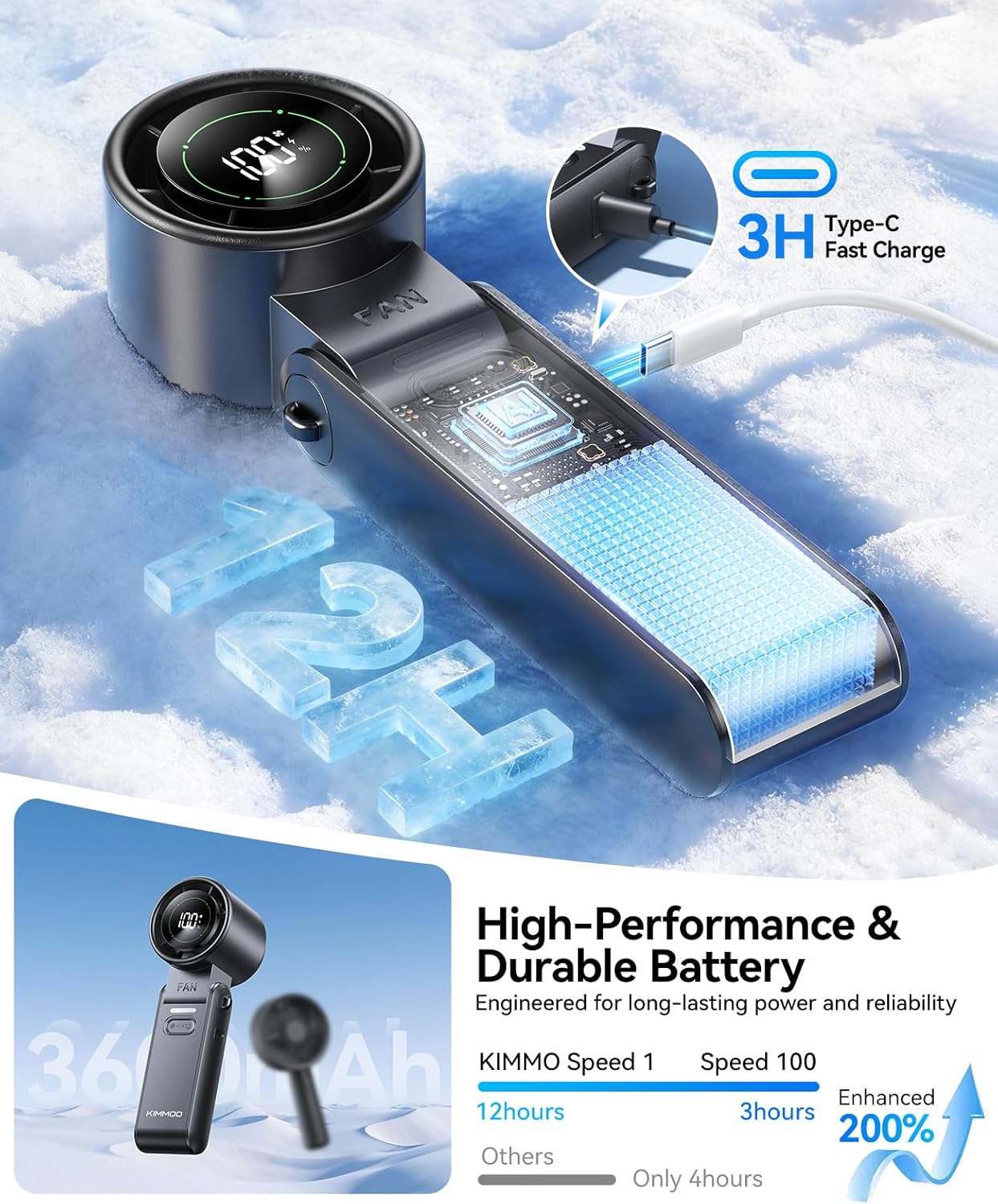 Thumbnail 2 de KIMMOO 3-in-1 Portable Handheld Turbo Fan (Black) with Digital Display, USB Rechargeable