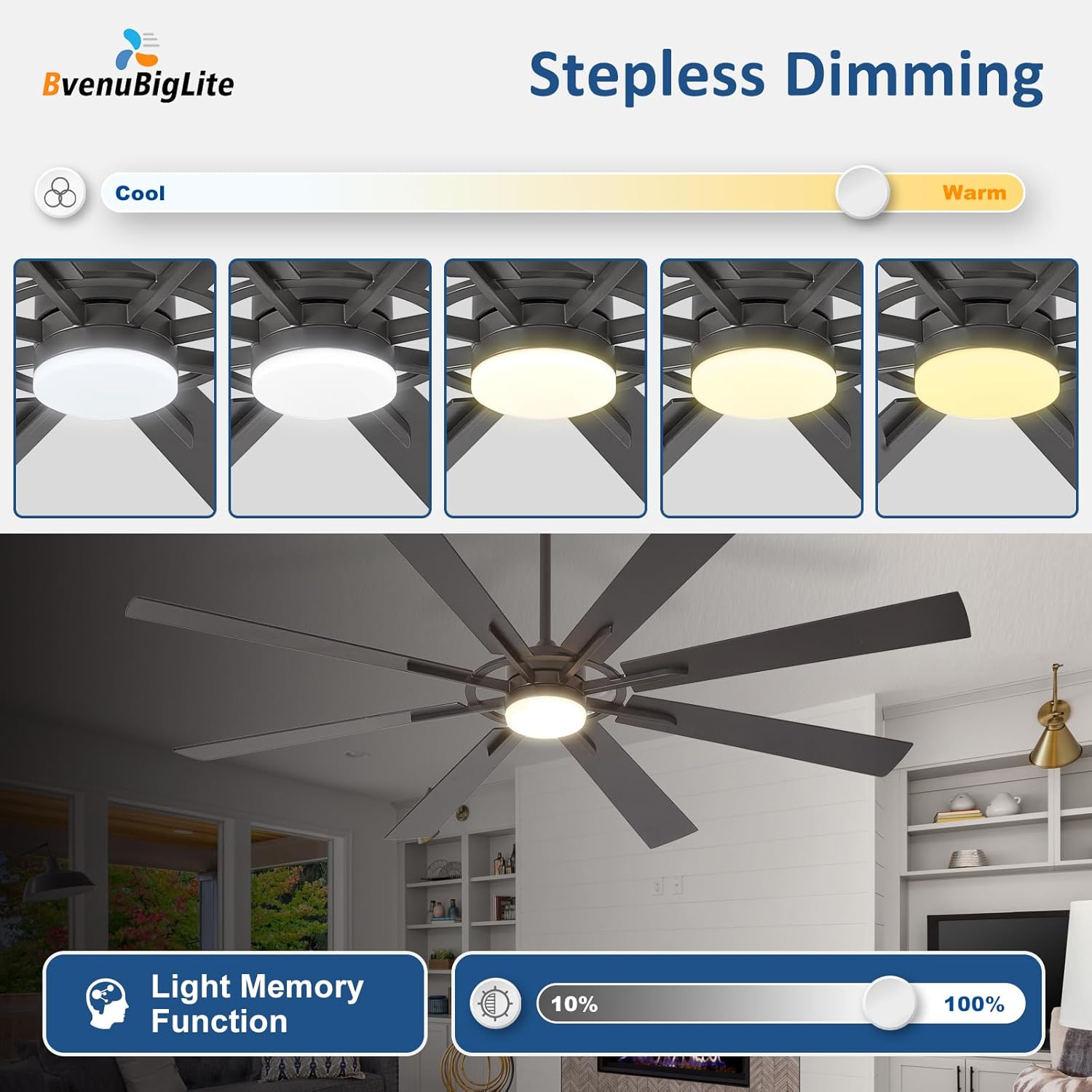 Thumbnail 5 de BvenuBigLite 72-Inch Outdoor Ceiling Fan with Lights (8-Blade, DC Motor, App & Remote)