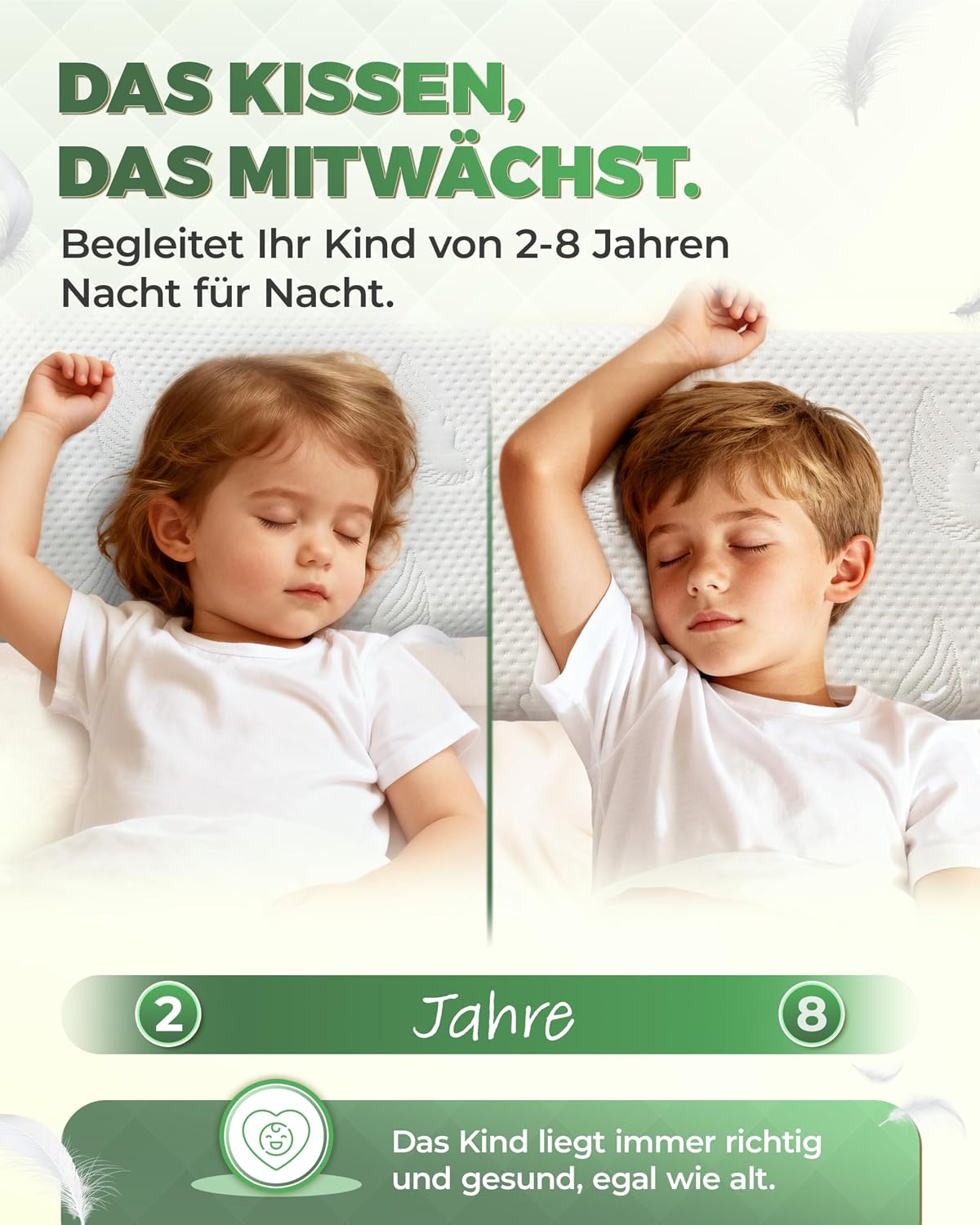 Detalle de Welldora Kinderkissen Memory Foam 30x50 cm – mitwachsendes ergonomisches Kopfkissen für Kinder (2–8+ Jahre) mit 3D-Tencel-Bezug