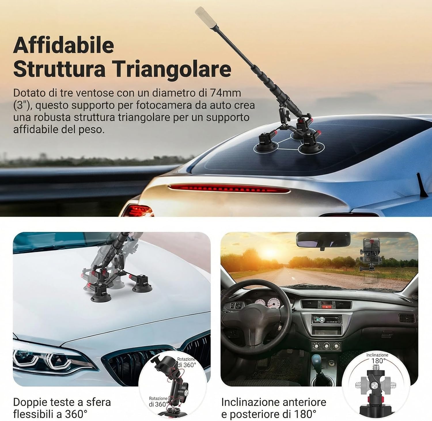 Detalle 2 de NEEWER CA065 Treppiede a ventosa tripla per auto con braccio flessibile e asta 2in1