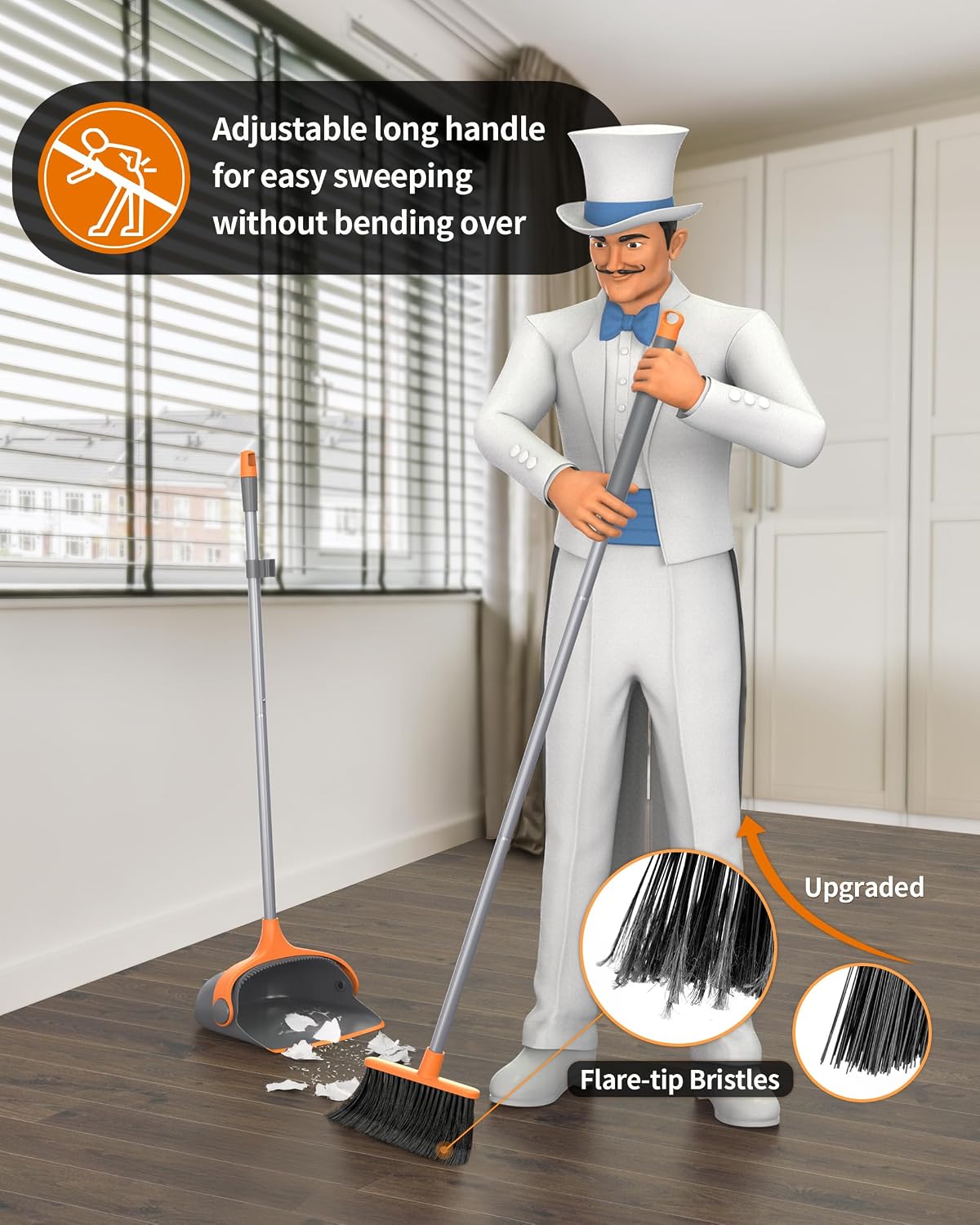 Detalle de MR.SIGA Broom and Dustpan Set with 51.7-Inch Handle, Flare-Tip Bristles