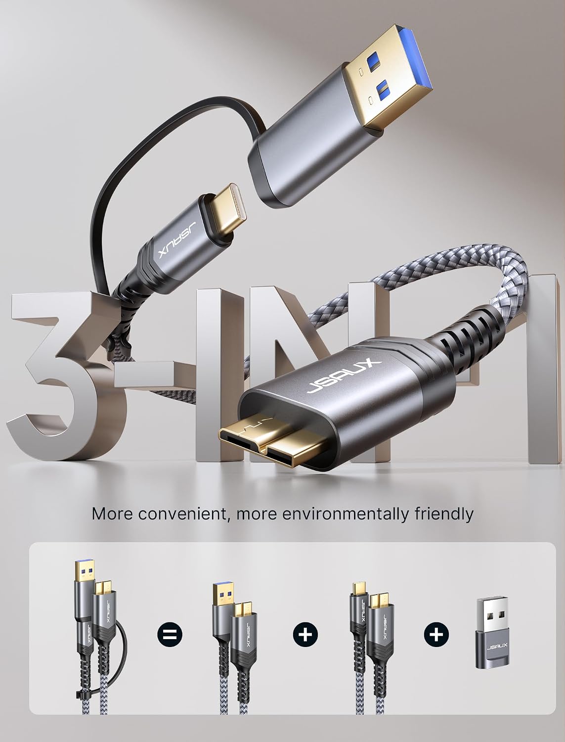 Thumbnail 2 de JSAUX Hard Drive Cable 0.5m (Micro B to USB-C/A) 20Gbps nylon braided lead