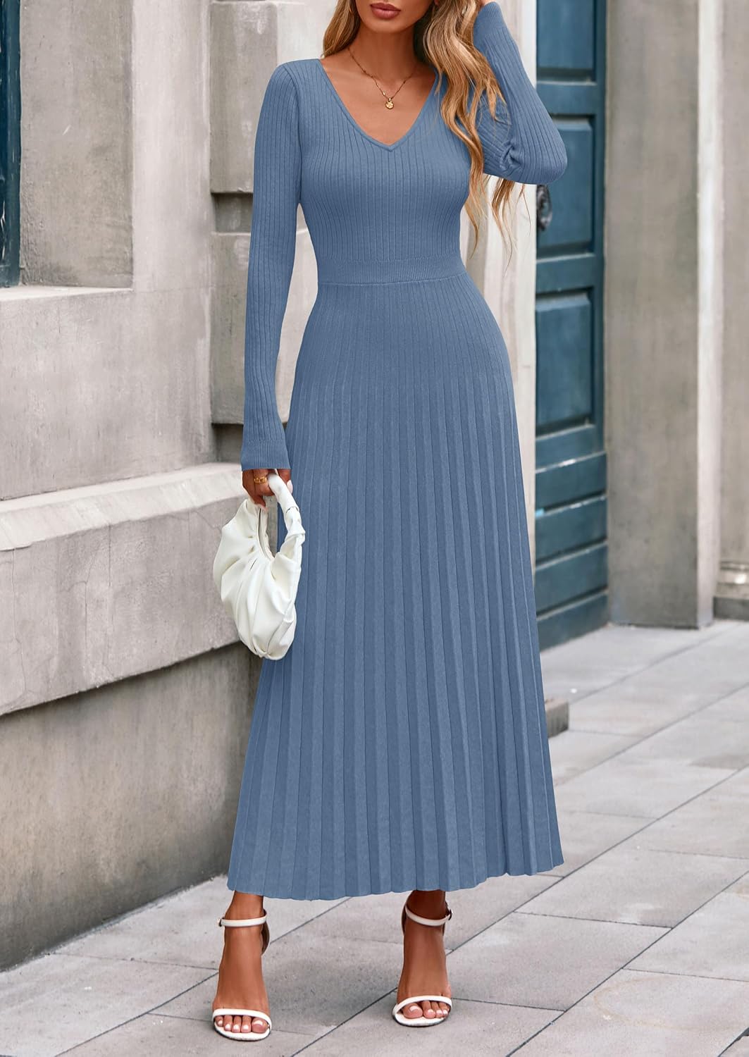 Detalle 2 de PRETTYGARDEN Women's Long Sleeve Maxi Pleated Sweater Dress, Ribbed Knit