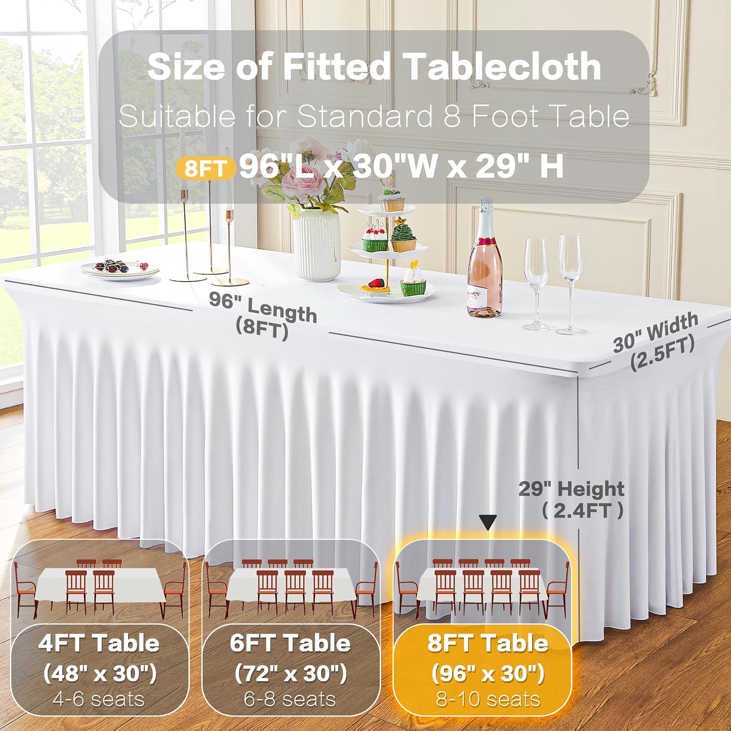 Detalle de 2-Pack White Spandex Tablecloths for 8-Foot Rectangle Tables (Fitted, Wrinkle-Resistant)