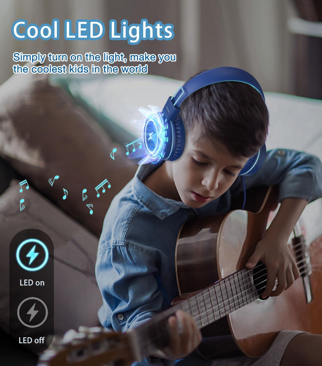 Detalle de Bywulanda Kinder-Kopfhörer mit LED-Lichtern und USB Typ-C – Lautstärkebegrenzung, Mikrofon