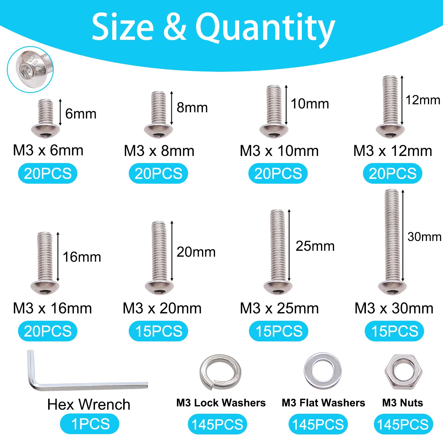 Detalle 2 de Bemaka 580-Piece M3 Screw Kit, 304 Stainless Steel, 8 Lengths & Hex Wrench