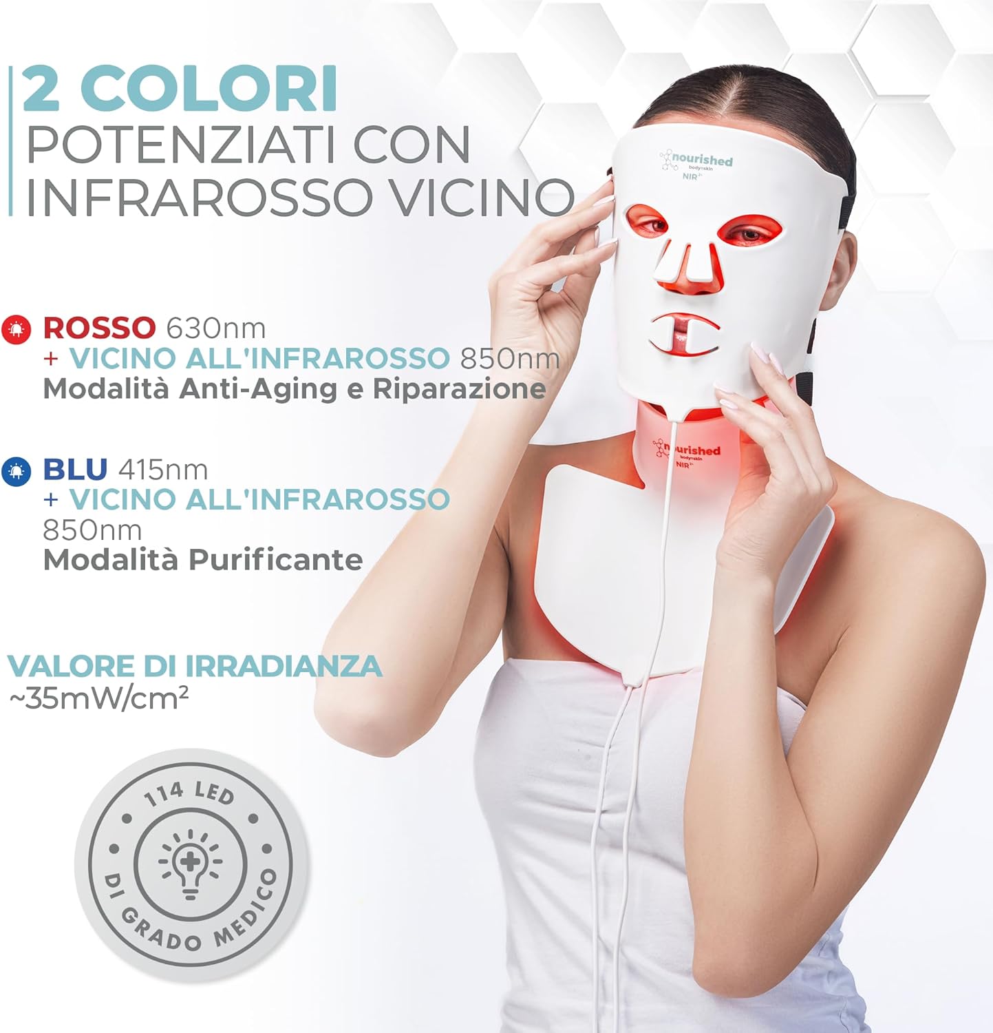 Detalle 2 de Nourished Bodynskin Maschera LED per Viso e Collo con Infrarossi Vicini: terapia luminosa a 228 LED