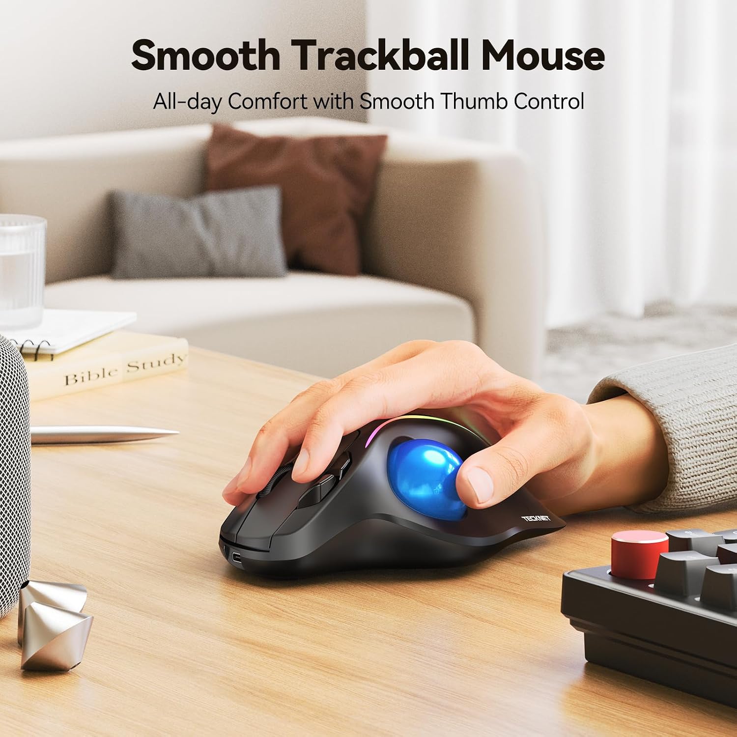 Detalle 2 de TECKNET TK-MS023 Wireless Trackball Mouse with USB-C and 3-Device Connectivity