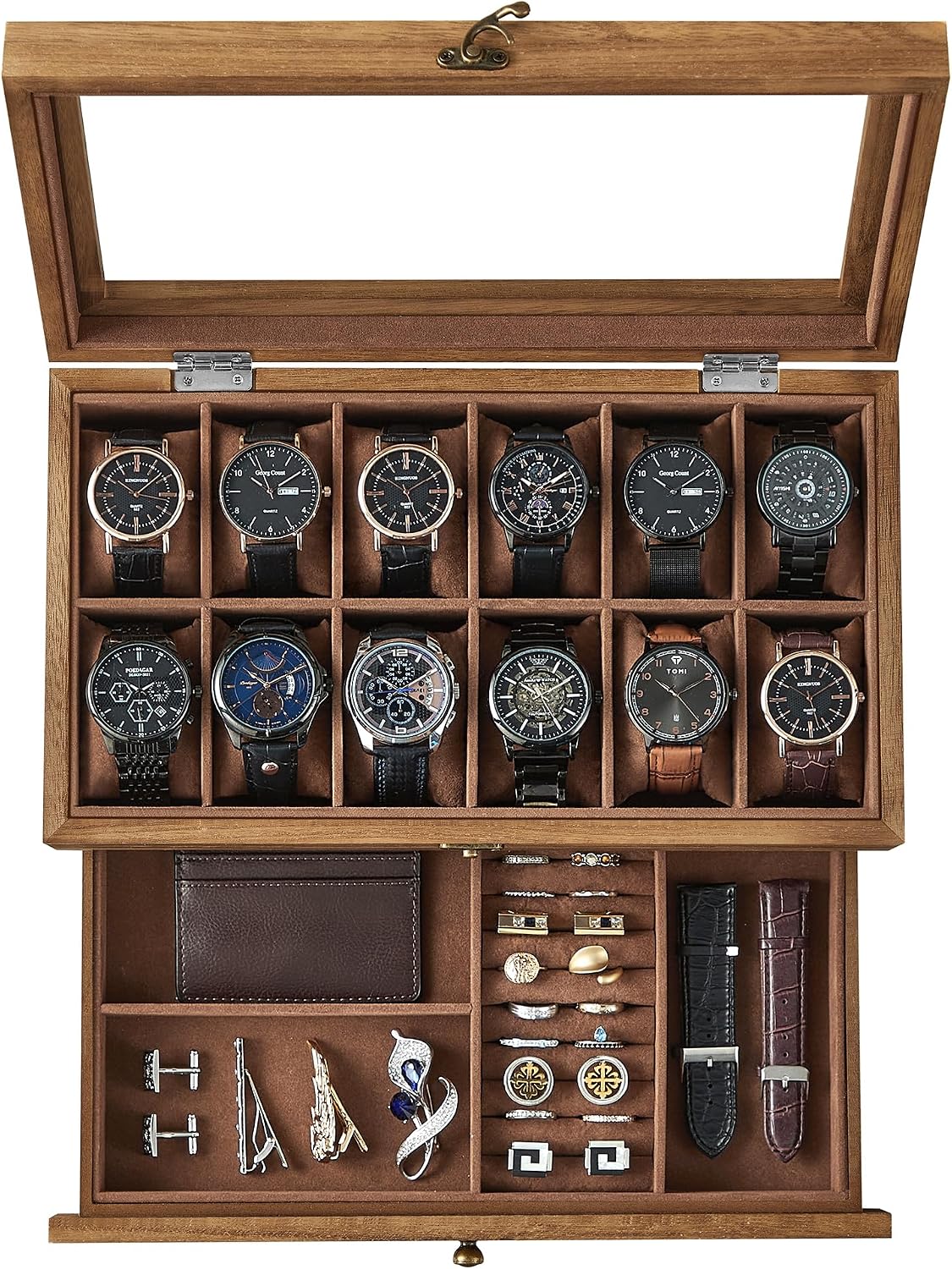 Detalle de SONGMICS Caja de Relojes con 12 Ranuras JOW012K01 – Estuche de Madera de Dos Niveles con Tapa de Cristal