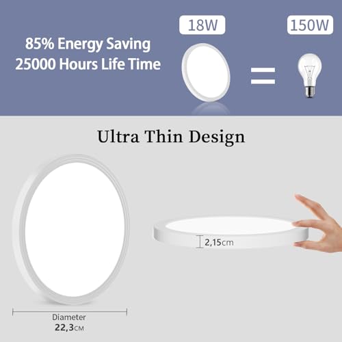 Detalle de Deckenlampe LED Deckenleuchte Flach Rund Ø223 mm – Ultra Dünn, 18 W, 4000 K, 1600 Lumen, IP44