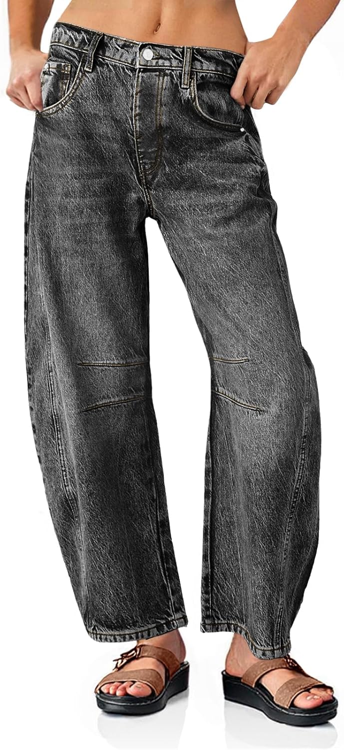 Detalle de PLNOTME Women’s Baggy Boyfriend Jeans (Vintage Wide-Leg, Mid-Rise Ankle) with Pocket Storage