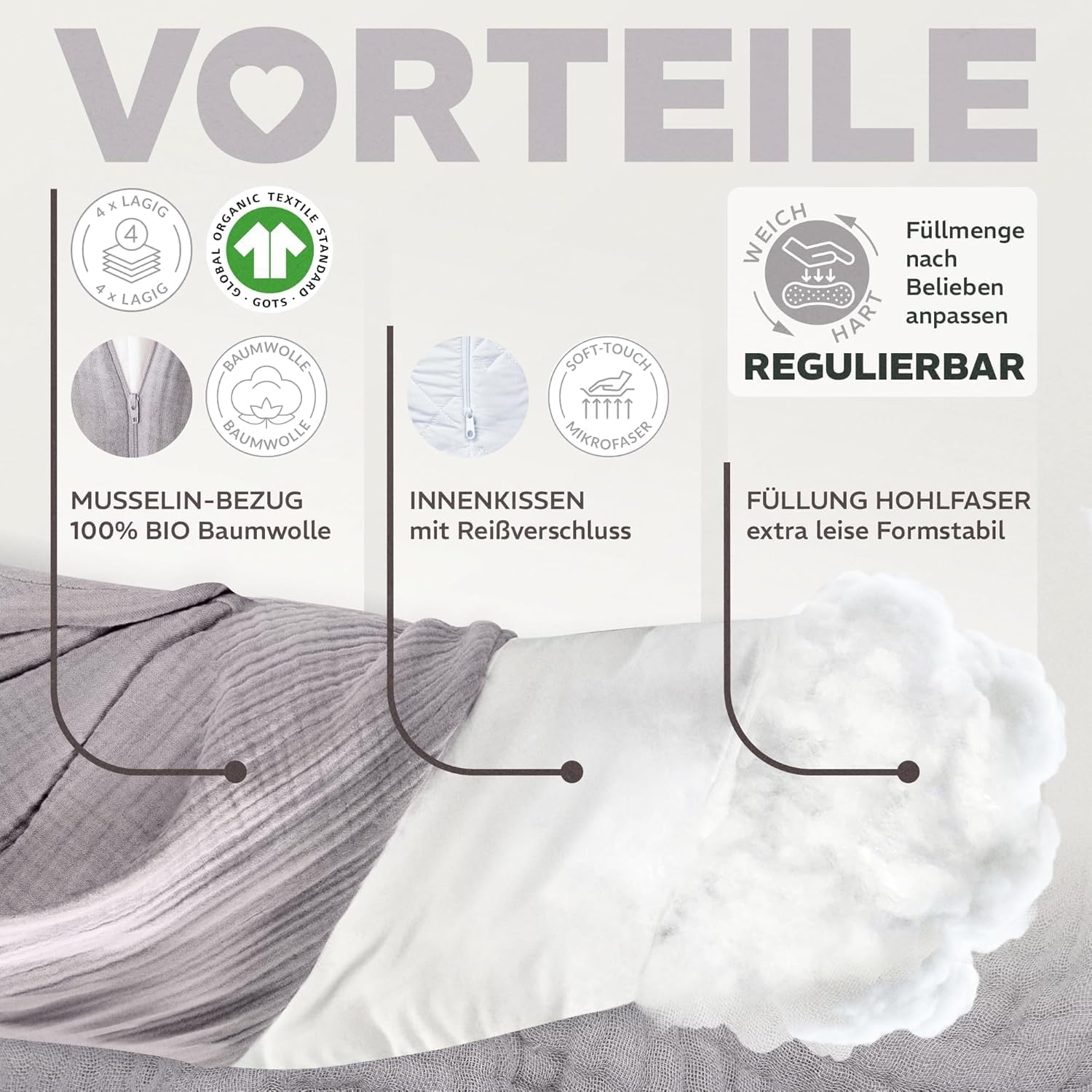 Thumbnail 3 de sei Design XXL Stillkissen 190 cm × 35 cm – ergonomisch mit Musselin-Bezug aus Bio-Baumwolle