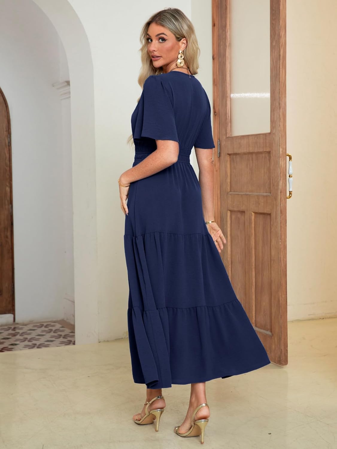 Thumbnail 4 de Amegoya Women’s Short Sleeve V-Neck Formal Maxi Dress for Wedding Guests (Polyester, Pull-Over)