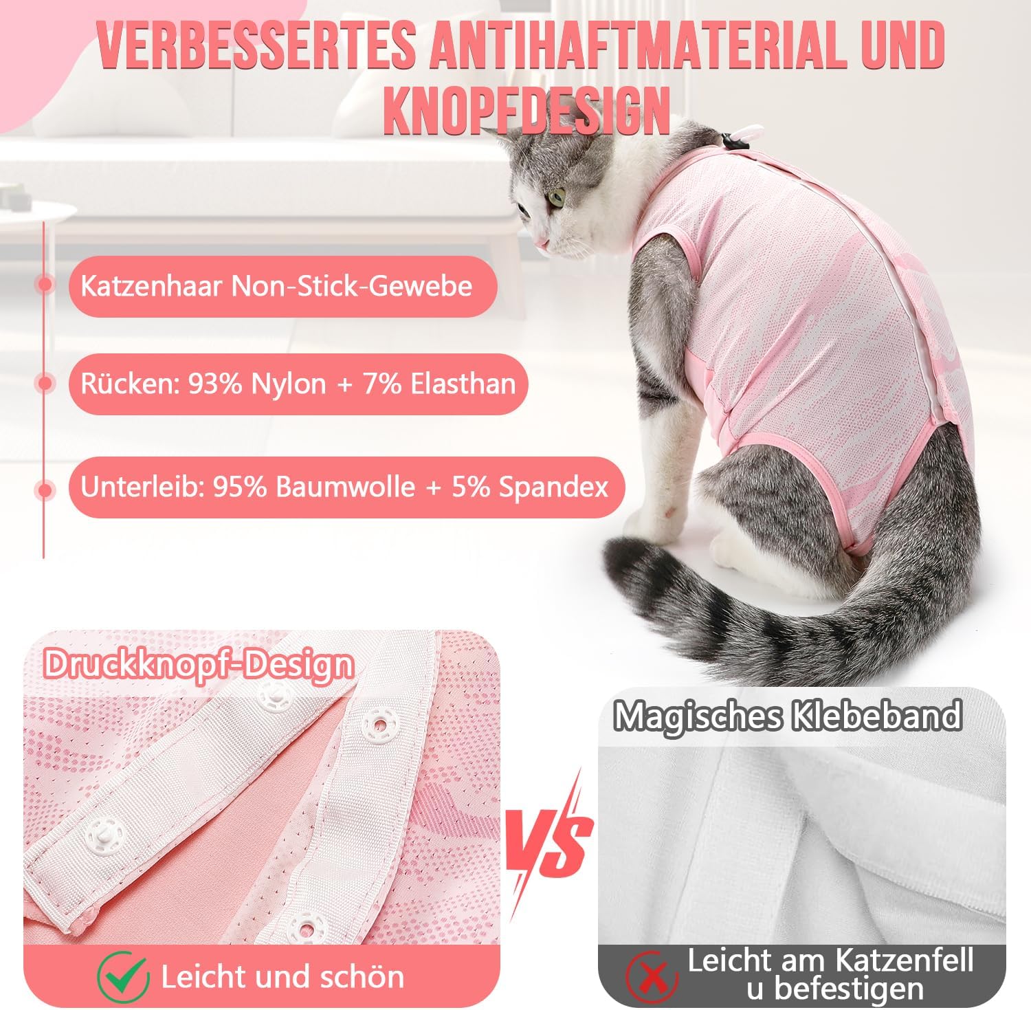 Thumbnail 2 de Eyein Katzenbody nach OP – atmungsaktiver, dehnbarer Erholungsanzug gegen Lecken & Kratzen (Hellrosa, M)