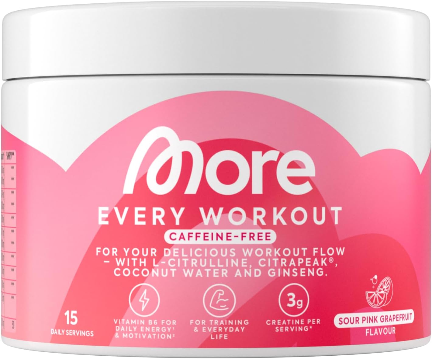 Detalle de MORE Every Workout – Pink Grapefruit Pre-Workout Booster, 270 g