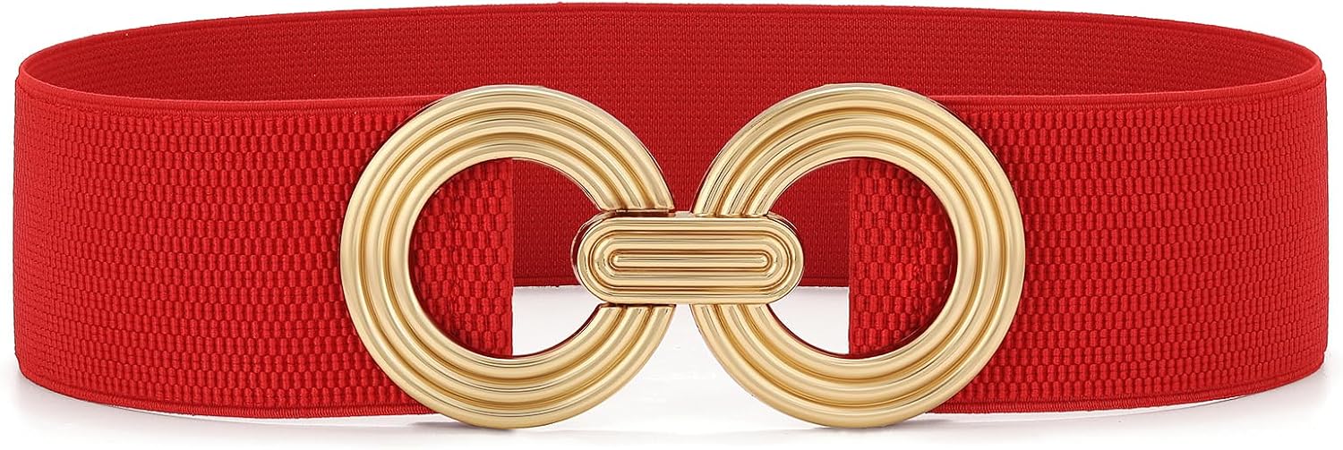Detalle de JasGood women’s wide elastic belt with gold buckle for dresses and waists