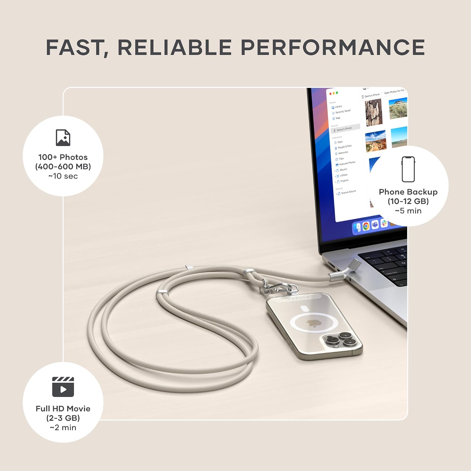 Detalle de Satechi OntheGo™ Cordon Téléphone USB‑C (60W) avec câble tressé 1,5 m et transfert jusqu’à 480Mbps – Beige