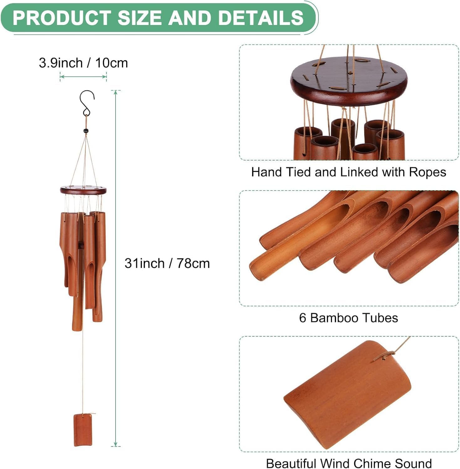 Thumbnail 6 de Beler ZZFL bamboe windgong met 6 buizen, 78 cm, voor tuin en terras
