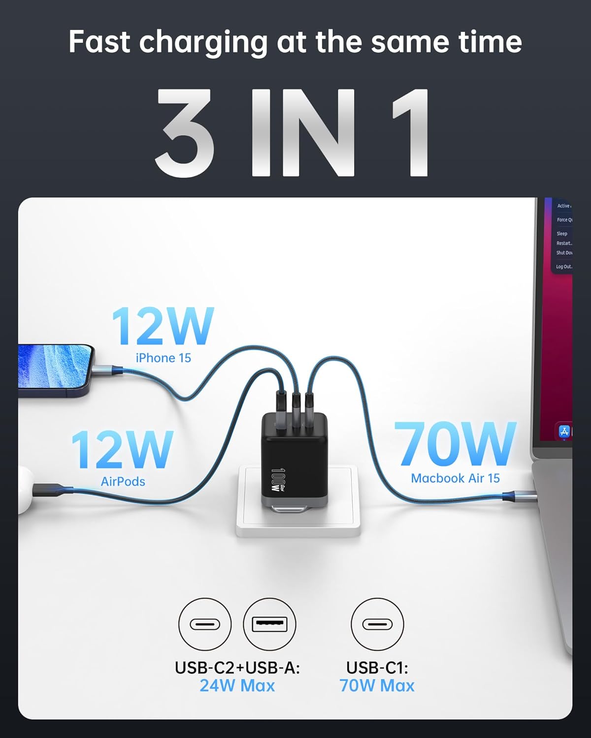 Thumbnail 1 de 100W USB-C Charger – Compact GaN Fast Charger for MacBook Pro/Air (3-Port USB-C & USB-A) with 1m Cable