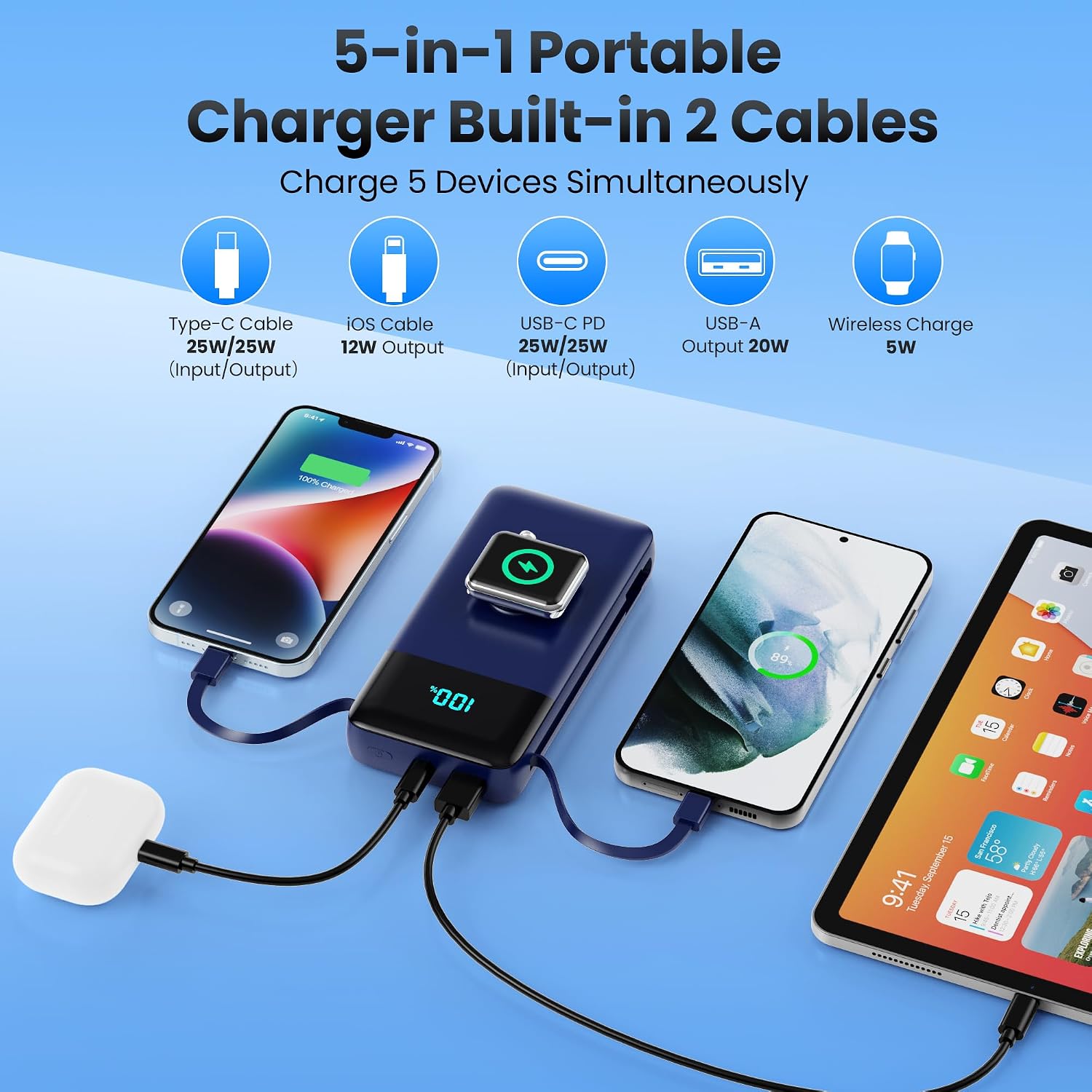Thumbnail 4 de LanLuk T3 40,800mAh Power Bank with Built-In Cables and 25W USB-C Charging