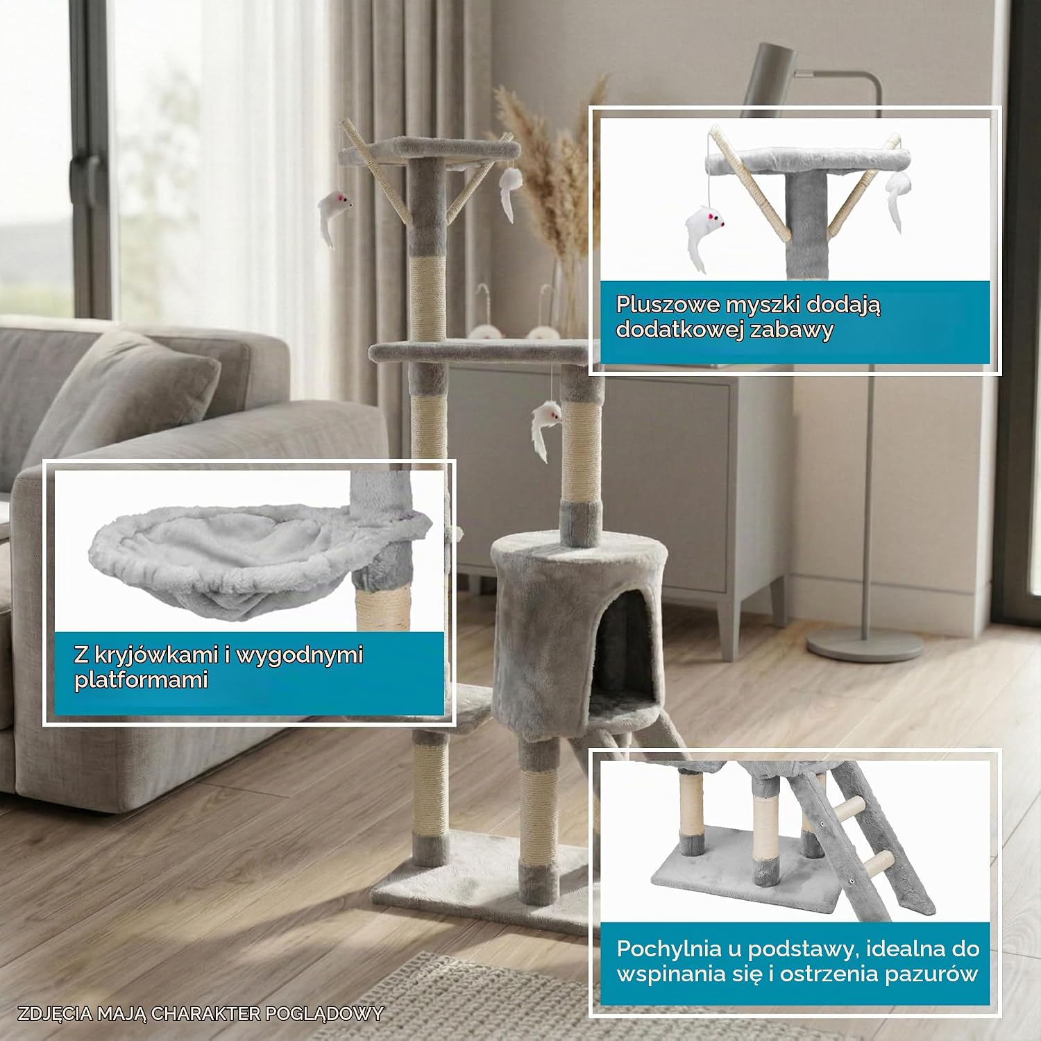 Detalle 1 de AQPET Paris drapak dla kota 138 cm z hamakiem i słupkami z sizalu