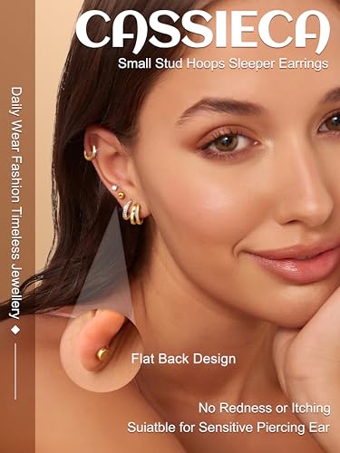 Detalle de CASSIECA 12Pairs Flat Back Earrings – Hypoallergenic 316L Steel with 14K Gold Plating