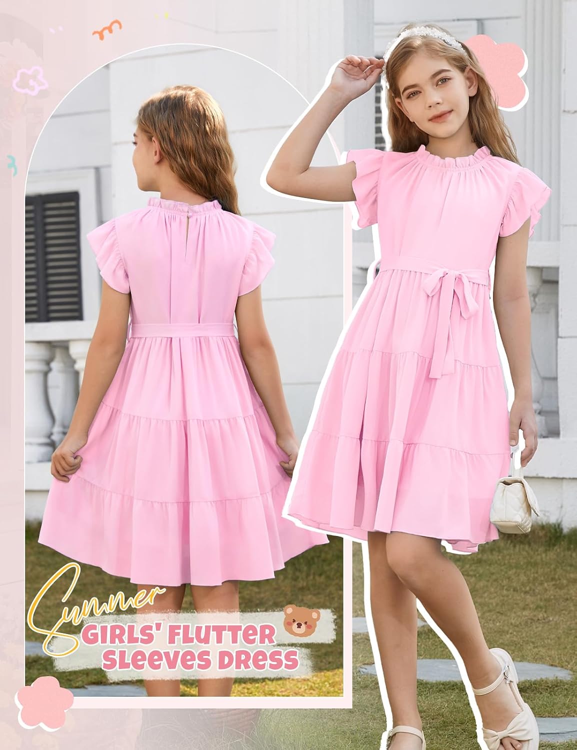 Detalle de Robe d’été Fashora pour fille — Manches à volants, col rond et ceinture amovible
