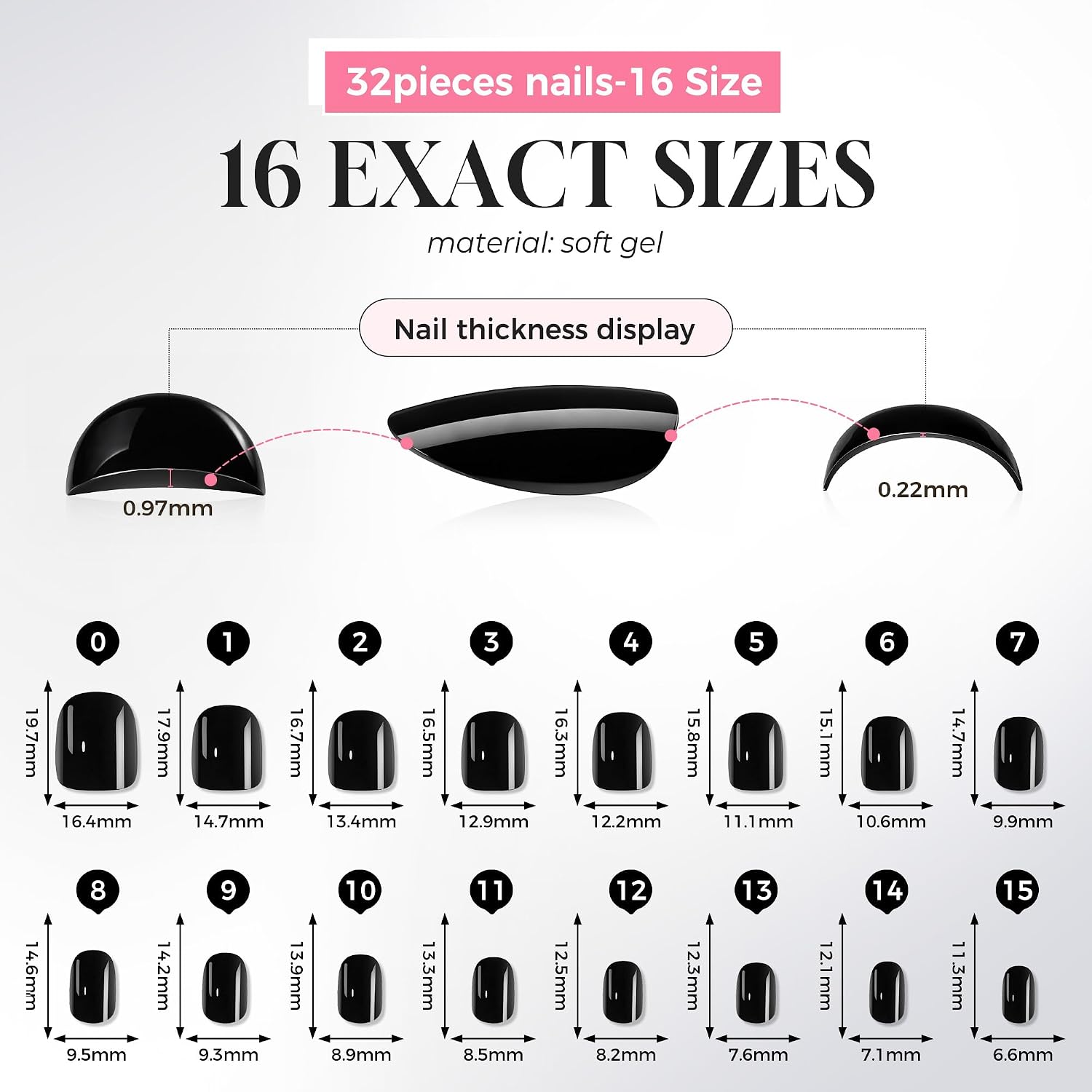 Detalle de UNA GELLA UG-B015 Press-On Nails, Short Round Glossy Black, 32-Piece