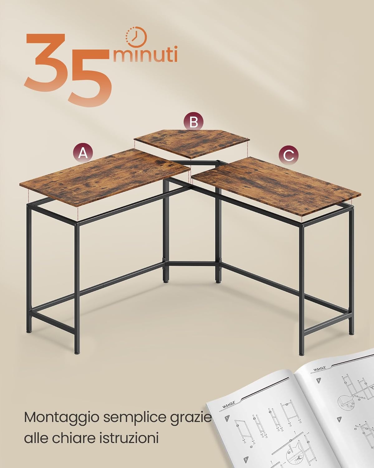 Thumbnail 5 de VASAGLE Scrivania ad Angolo a Forma di L 140×140 cm – Marrone Vintage e Nero Inchiostro (LWD73XV1)
