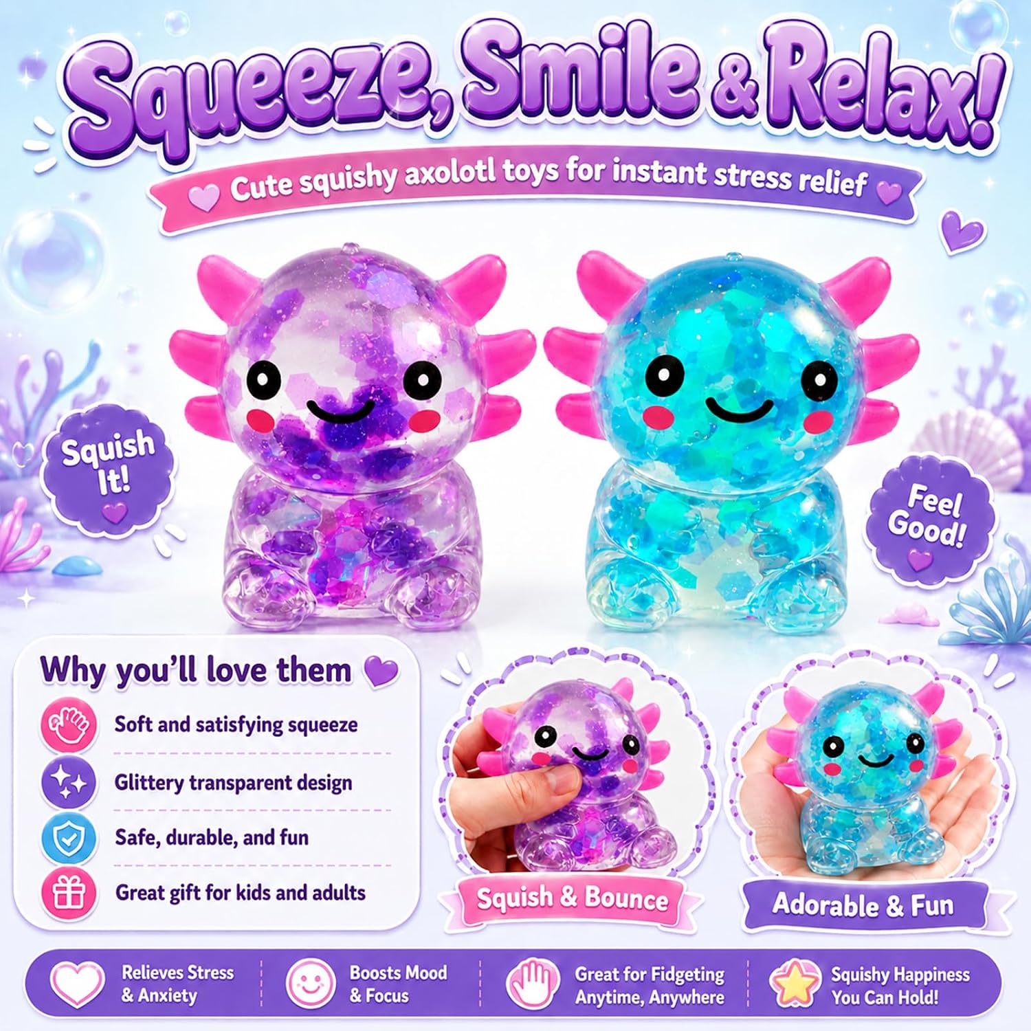 Detalle de iJUKPX Axolotl Squishy Toys, 2-Pack Glitter Fidget Toys, Blue-Purple