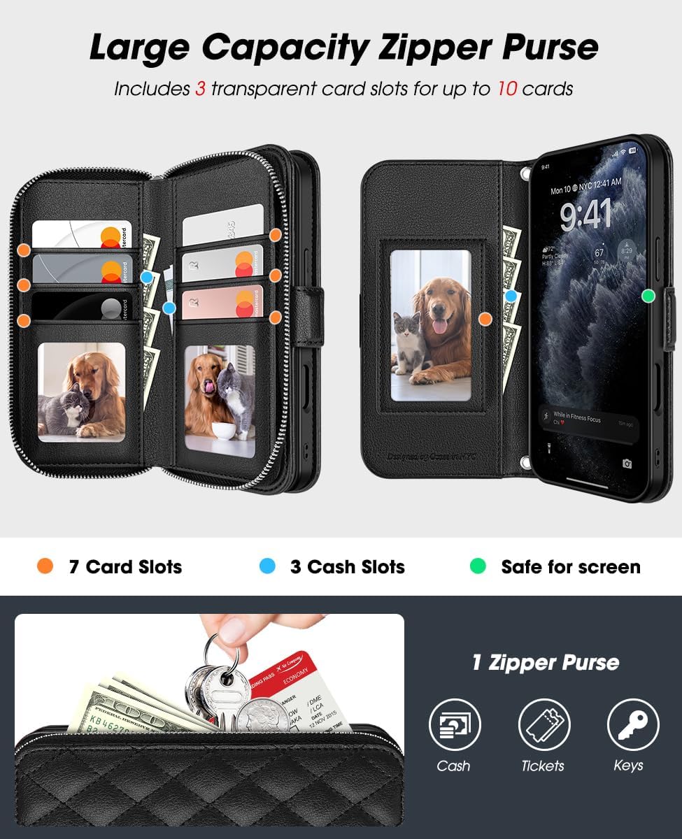 Thumbnail 2 de Ocase custodia portafoglio per iPhone 17 Pro 6,3" (2025) con laccetto, anti-RFID e supporto integrato, pelle PU litchi nero