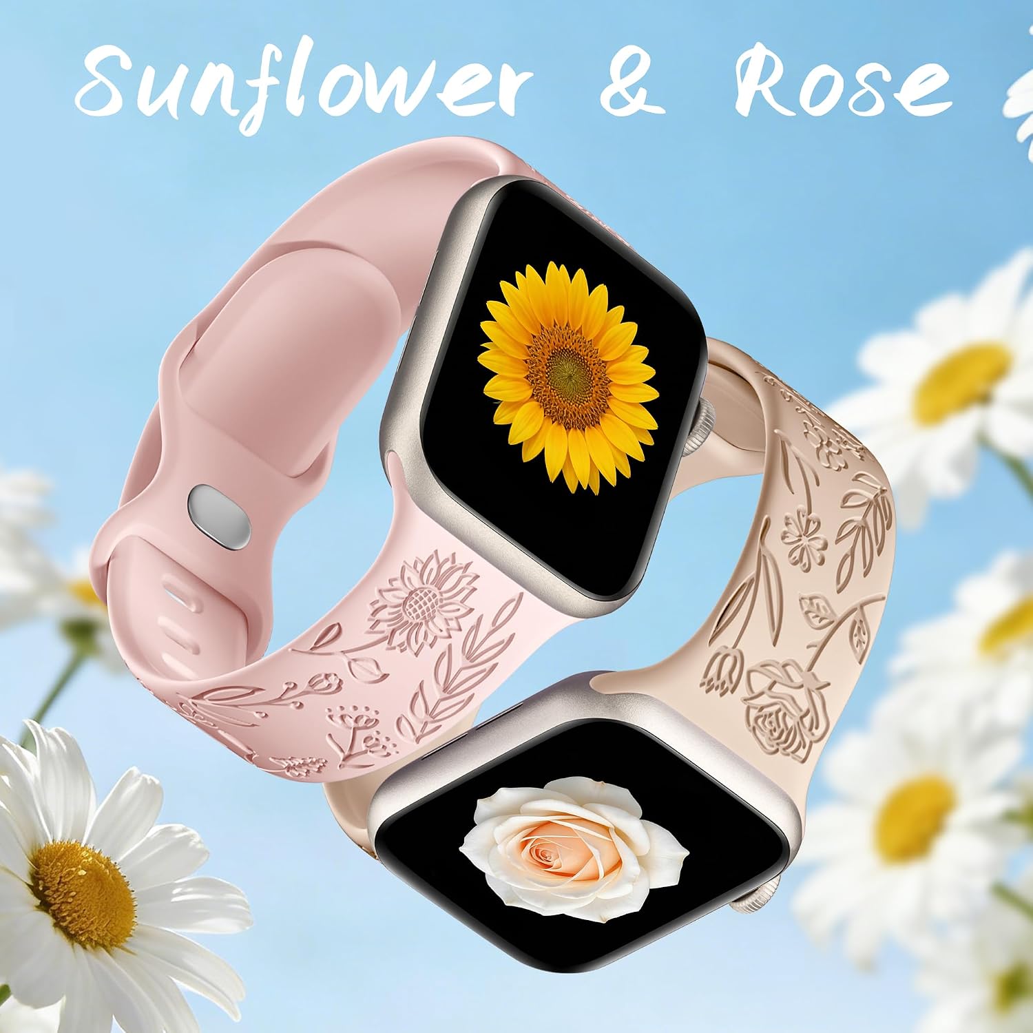 Detalle 2 de SNBLK 6-Pack Floral Engraved Silicone Apple Watch Bands, Multiple Sizes