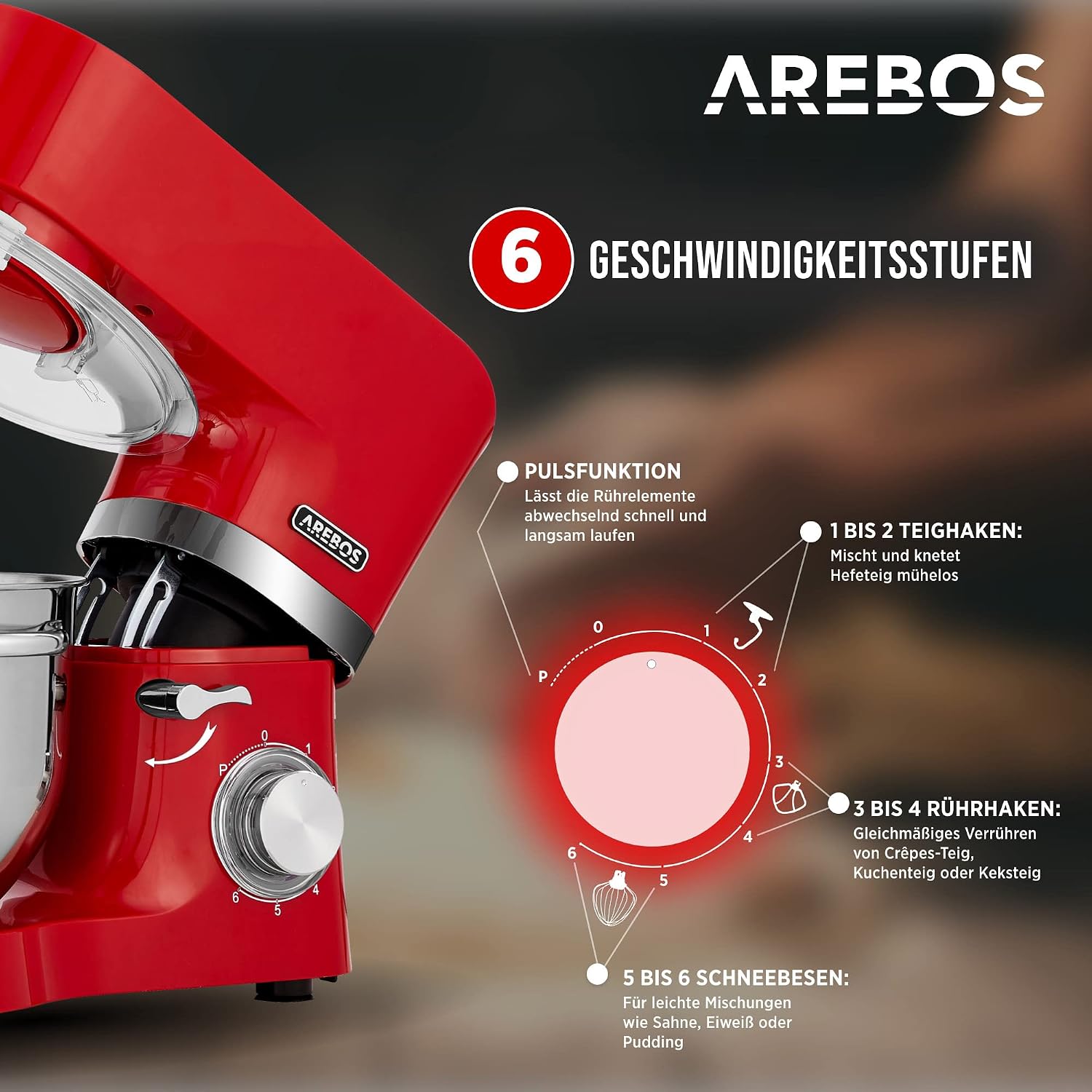 Detalle 2 de Arebos Küchenmaschine 1500W mit 2 Schüsseln 🍽