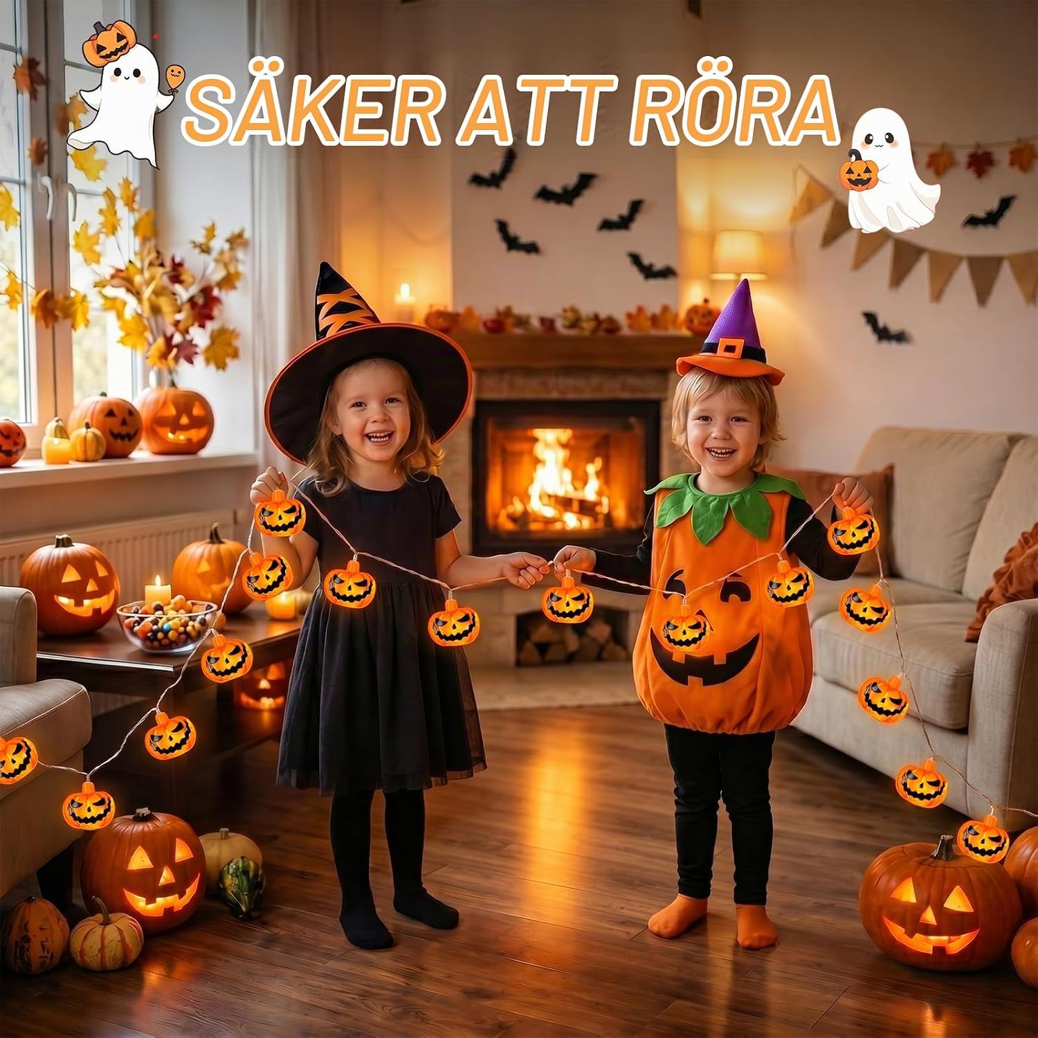 Thumbnail 3 de A.bigwhale Halloweenljusslinga med pumpor, 20 orange LED och timer