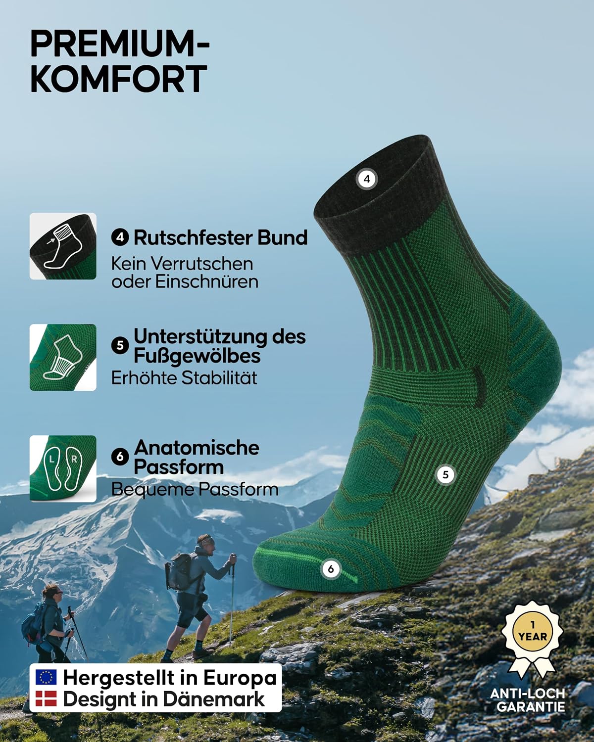 Detalle de DANISH ENDURANCE Merino Wandersocken 3 Paar