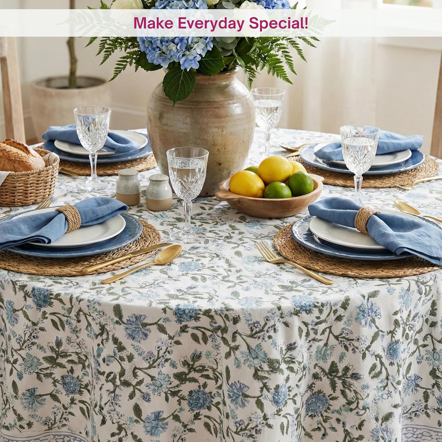 Detalle de ATOSII Mahoka Blue 90-Inch Round 100% Cotton Tablecloth