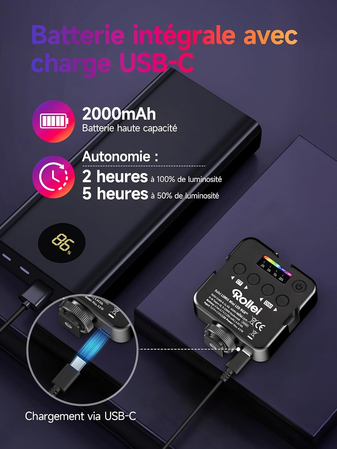 Detalle de Rollei Lumis Mini Lampe LED RVB: éclairage compact et polyvalent pour smartphone et DSLR