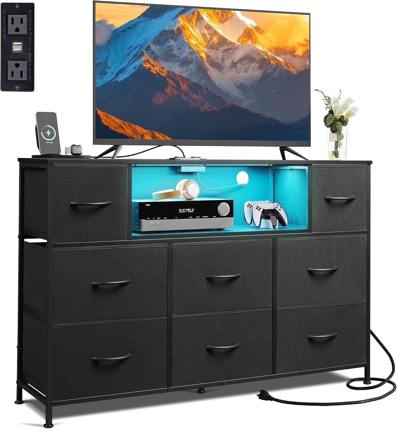 Detalle de WLIVE ASNG200 LED Dresser TV Stand, 8 Fabric Drawers, Black